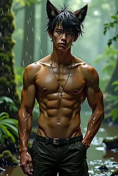 young boy, 15 yo, (wolf ear, ripped abs, sweating, muscular), flirty, forest, shirtless, wet, realistic quality, photorealistic