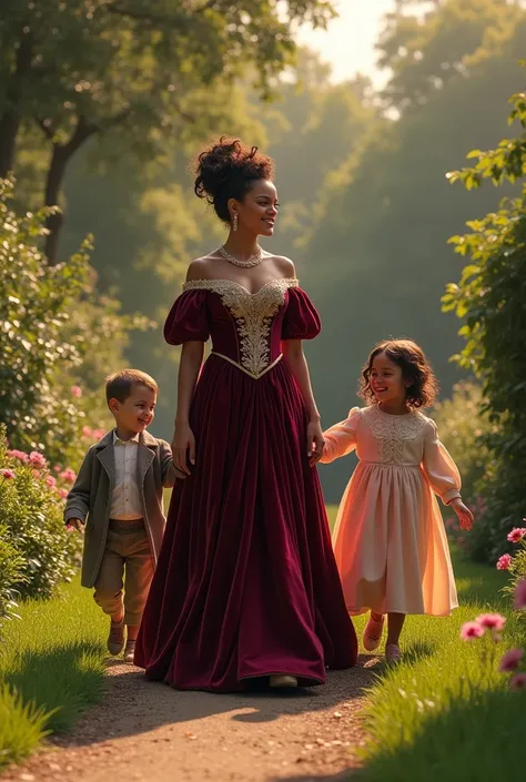 Rihanna as Duchess of "Bridgerton" taking a walk with her five-year-old children