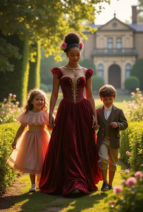 Rihanna as Duchess of "Bridgerton" taking a walk with her five-year-old children