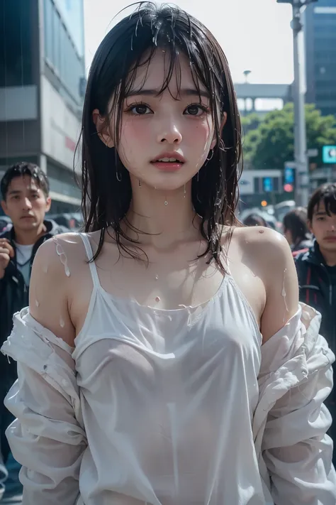 Best image quality, masterpiece, Ultra-high resolution, (Loyalty :1.4), Pretty Japanese woman, 1 person, Detailed face, Detailed eyes, Correct human anatomy, ,tears, tears drop, (White shirt), (Wet clothes stick to the body:1.4), Exposing shoulders, (Wet H...