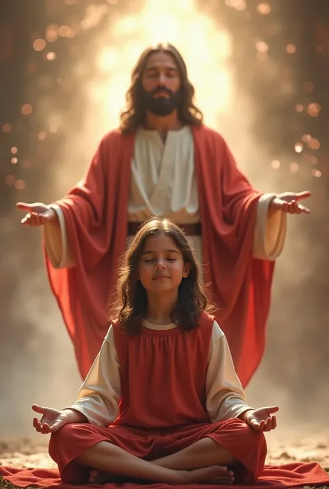 12  year girl meditating and jesus with innocent and compassionate face , wearing red and white stand behind  and blessing her.mystical background 