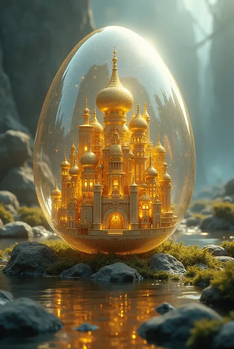 Imagine a legendary see through egg with golden cities inside