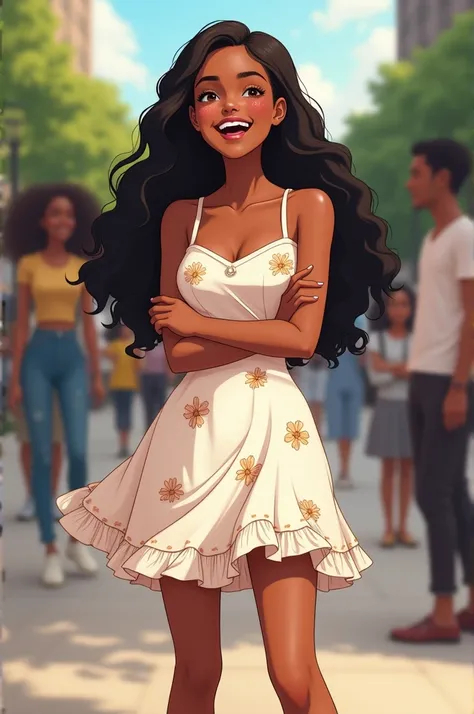 Black woman. Honey light brown skin. Brown eyes. Blush on face. Laughing. Long Waist length black hair. Knee length white flowery pattern dress. White shoes. In public blurred street with other black people in the background. Ultra high quality. Masterpiec...