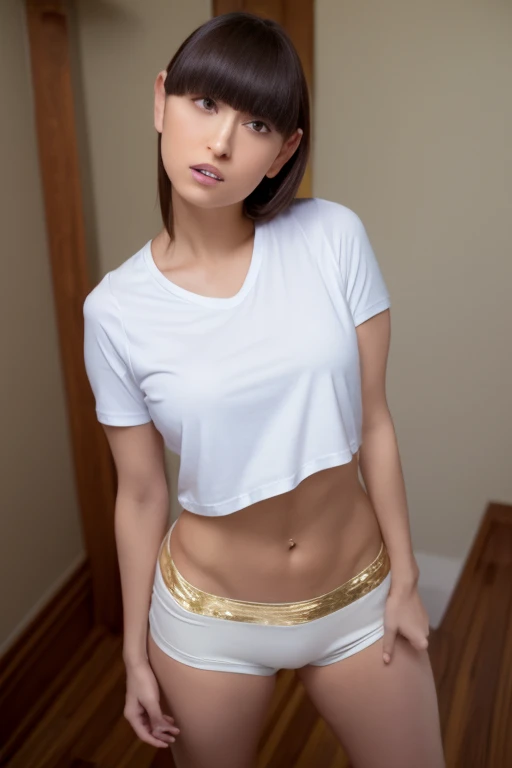 1girl, beautiful woman long white short sleeve t-shirt（Tuck the bottom hem into the bloomers） Old school black bloomers, skinny, perfect body, defined abs, gold hair, standing in a white wall photography studio,  ultra-detailed face, beautiful eyes, beauti...