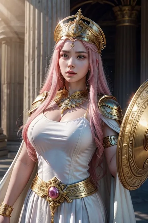 a goddess athena, long pink hair, white robes with goddess armor, holding shield, glowing in the sunlight, ultra realistic HD, 4k, hyper detailed, photorealistic, masterpiece, dramatic lighting, volumetric lighting, intricate details, beautiful detailed fa...