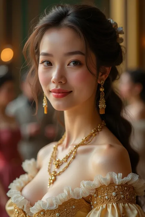 Beautiful girl wearing baroque era banquet costume.Her smile is like spring breeze.Melt the hearts of the men present.