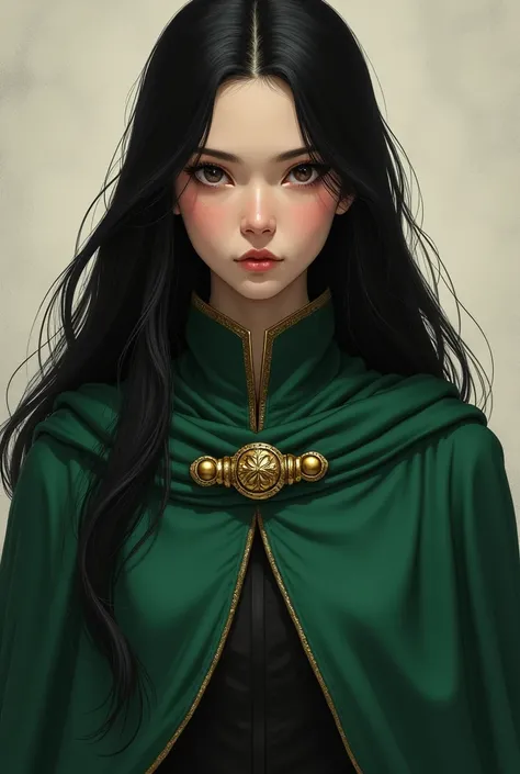 (Not sexy)(portrait) young woman, long black hair, green cape, a golden pins in ger cape serious face