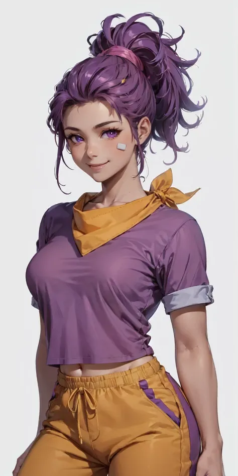 /shelly/, anime, 1girl, large breasts, tanned skin, smile, purple hair, big ponytail, purple eyes, bandaid on cheek, pink t-shirt, pants, yellow bandana, looking at viewer, standing, white background