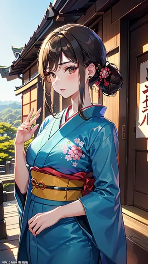 ((1girl, female, european woman, pale skin, brown hair, long hair, makeup, pierced ears, jewelry, green kimono, kimon:1.2)),(mas...