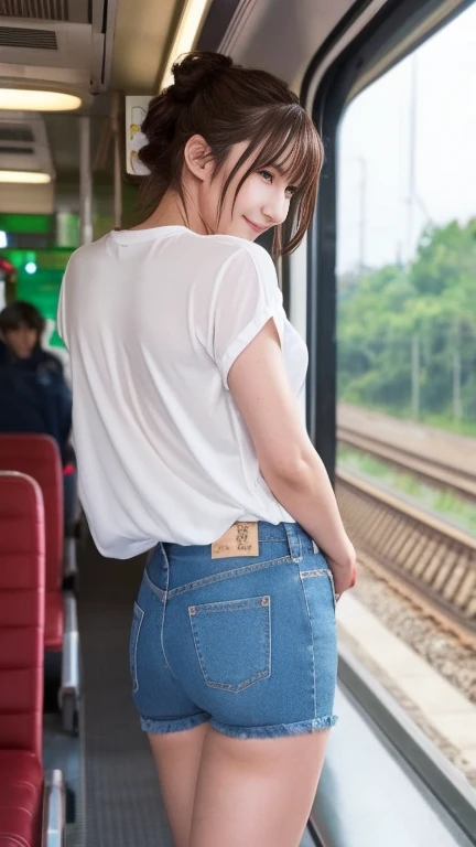 photo-realistic image quality、japan railways、japanese trains、very short pants、(denim fabric hot pants)、beautiful feet、great styl...