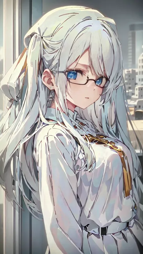 anime style , Hana Hikaru, 1 girl, bee, abundant white hair, long bangs,  two white horns on the head, ((He has big circular glasses)), white beret on head, bandages on the arms and bandages on the forehead, sky blue eyes, She is wearing a grey top and bla...