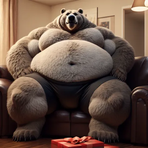 Fat Huge 450 Pounds Daddy Furry Grey Beast Grizzly Bear Big Belly, and Large Chunky body and wearing Black Shorts, sitting on the Sofa, His Belly is Bigger, Huge, Fat, Chunky, Furry, Big, and Huge, and holding a Present 