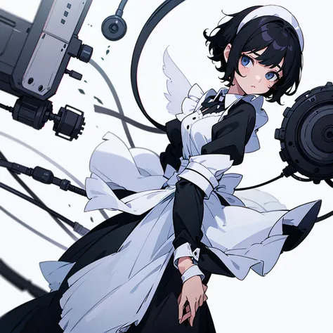 a girl with short black hair wearing a maid uniform on a white background