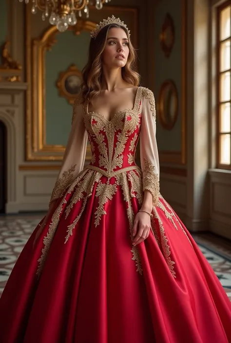 Victorian style quinceanera dress in cherry and beige
