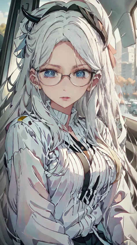 anime style , Hana Hikaru, 1 girl, bee, abundant white hair, long bangs,  two white horns on the head, ((He has big circular glasses)), white beret on head, bandages on the arms and bandages on the forehead, sky blue eyes, She is wearing a grey top and bla...