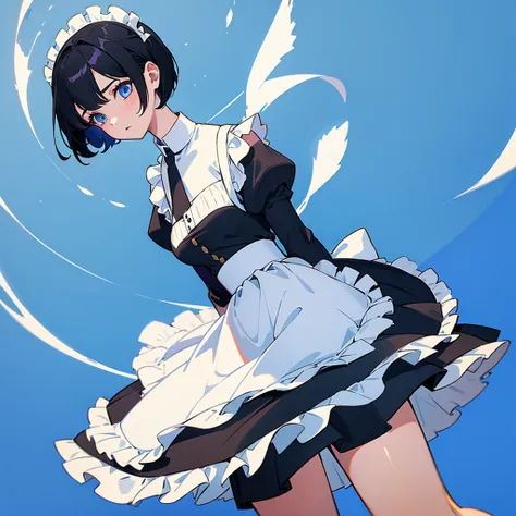 a girl with short black hair in a maid outfit on a blue background