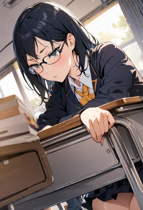 1girl, shimizu kiyoko, haikyuu!!, glasses,school uniform,shirt,pleats skirt,white panties,open legs,taking on the seat,classroom,in the studying,masterpiece, best quality, absurdres,angle from under the desk