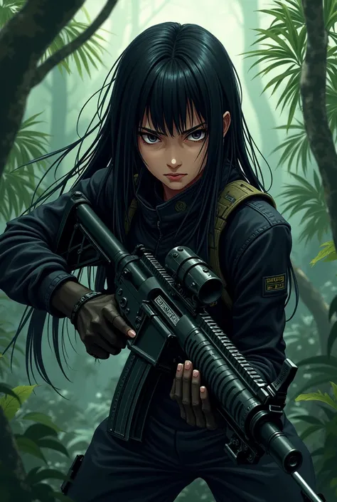 A dark straight hair Anime girl, caring a machinegun and usin a black military combat uniform, in the jungle and looking ready to kill