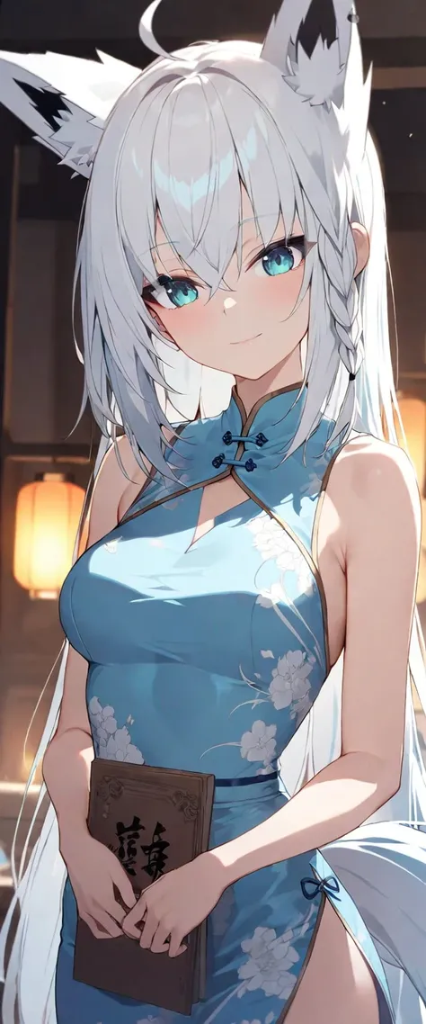 (musterpiece), (best quality), 
1 girl, solo, vtuber style, cool girl, hololive, vtuber, Shirakami Fubuki, white hair, long hair, blue eyes, fox ears, fox tail, medium chest, cheongsam, light smile,