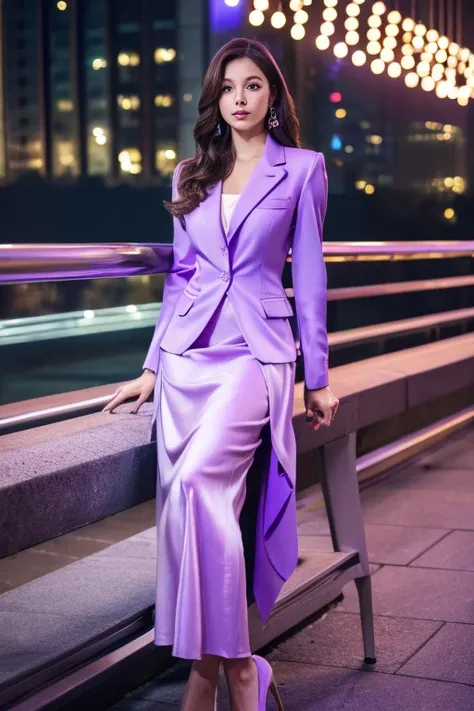 (Light Purple Blazer)、Business Blouse、(Light purple long skirt:1.3)、((Full Body Portrait))、silk pantyhose、Sitting、(Both legs and high heels look beautiful.)、1 girl、Perfect Anatomy, Perfect body, Perfect hands, Perfect Face, Perfect Eyes, Accurate, Anatomic...