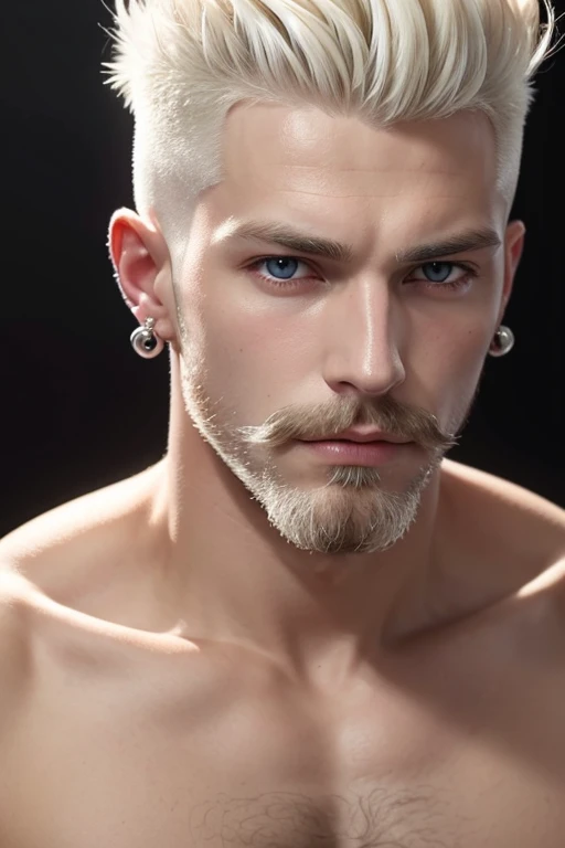 platinum blond haired guy with high fade has a piercing in his nose and just one earring in one ear and a scratch on the eyebrow with a blond strap beard and moustache