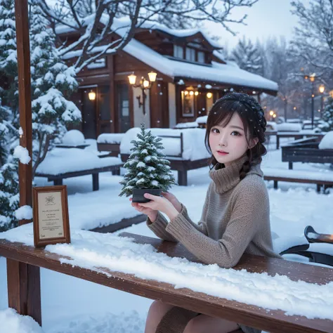 (Tabletop、Highest quality、8k、Award-winning works、Ultra-high resolution)、One beautiful woman、winter、Snow Scene、that&#39;it&#39;s snowing、(Perfect and precise knit hat:1.1)、(Classy coat:1.1)、(Elegant turtleneck knit sweater:1.1)、Very romantic and atmospheric...