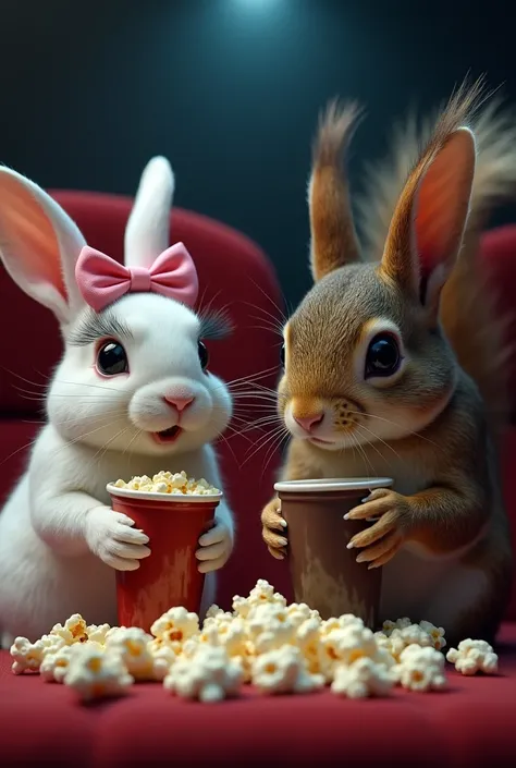 a squirrel, #un lapin regarde t film horreur. 
A photorealistic image of a real rabbit with a pink bow on its head and long eyelashes + un vrai écureuil sorti en rendez-vous en regardant un film dhorreur ensemble.
 Leurs visages réagissent à une frayeur de...