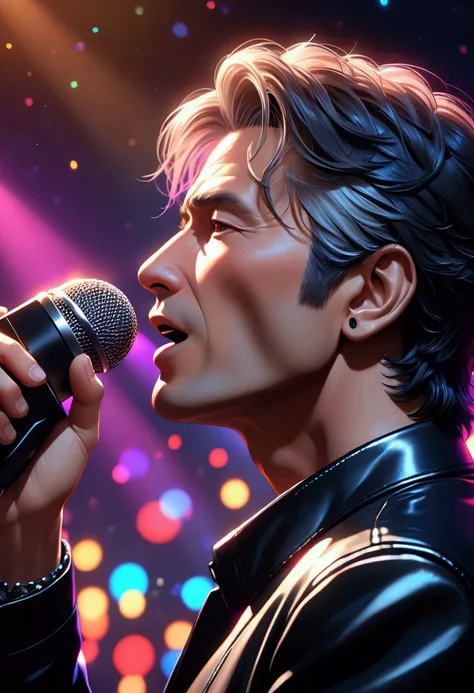 Profile of a man singing enthusiastically,Close-up of face,shout,shout,holding a microphone,Rock singer,50 years old,(((live house))),(((Dazzling Spotlight))),chromatic aberration, depth of field,Black jacket, ((masterpiece, Highest quality, Highly detaile...