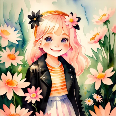 the image is a watercolor style digital illustration of a young girl with long blonde hair.. she is wearing a black leather jack...