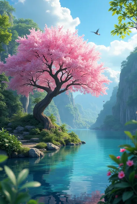 masterpiece, best quality, (Very detailed CG Unity 8k wallpaper) (best quality), (Best Illustration), (Best shadow) Vibrant colors, jungle, water, Natural Beauty, An oasis of tranquility , Cherry tree, Blue Sky Ray Tracing, Super Detailed --v6