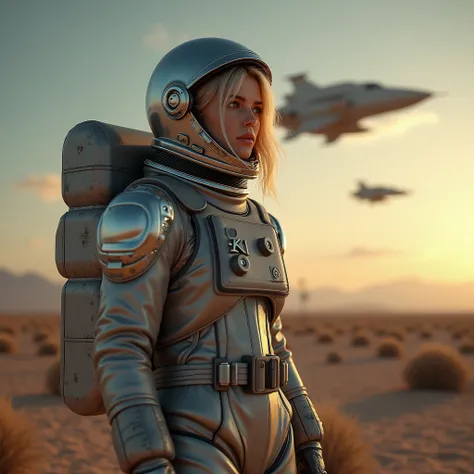 masterpiece, a beautiful blonde german girl lonely astronaut, desolate planetary landscape, space and stars, electric ambiance, utility belt, metallic gray zinc, science fiction, ultra high resolution. Photorealistic, 16k, UHD, HDR, Best quality, skin-tigh...