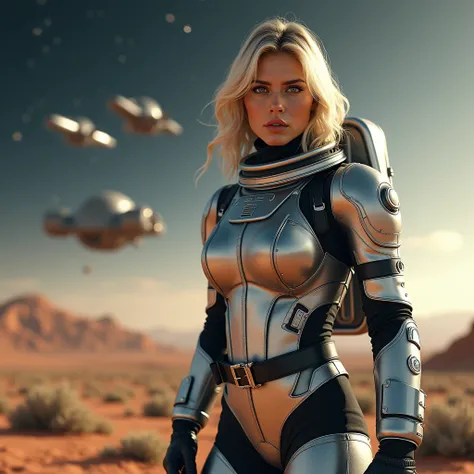 masterpiece, a beautiful blonde german girl lonely astronaut, desolate planetary landscape, space and stars, electric ambiance, utility belt, metallic gray zinc, science fiction, ultra high resolution. Photorealistic, 16k, UHD, HDR, Best quality, skin-tigh...