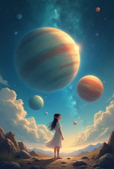 Three planets with Asian girl 