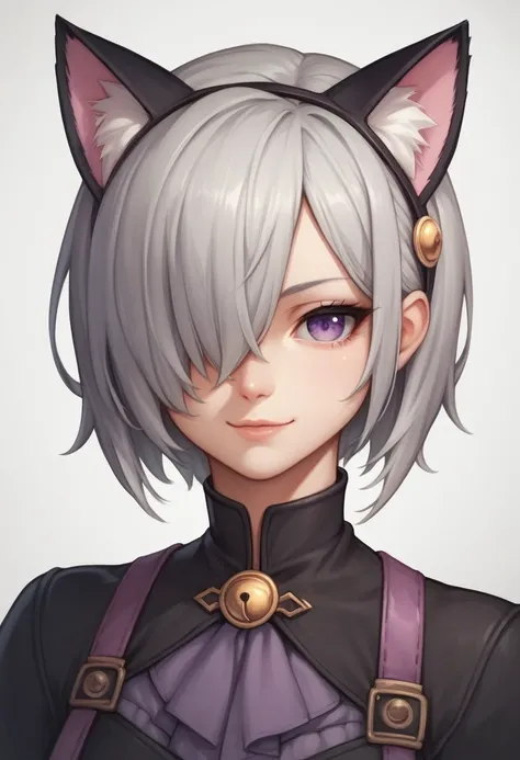 score_9, score_8_up, score_7_up, score_6_up, score_5_up, score_4_up, BREAK source_anime, an anime girl, purple eyes, medium gray hair, hair covers one eye, light smile, cat ears