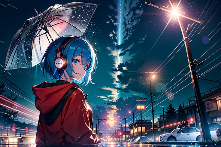 Absurd, High resolution,
Looking back at me, Rainy night city,Urban sidewalks、 Holding a red umbrella、signal machine、relax time, Fantastical light particles, Lens flare,A big smile、Blue Hair、（Red headphones:1.4）、（White hoodie:1.2)、Top view、(Angle from afar...