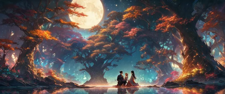 A man and woman sitting on the edge of an ancient fantasy forest, under a full moon in a starry sky, surrounded by glowing trees, they look at each other with deep affection as if talking to their hearts " shoot for paradise" from a tv series. The scene is...