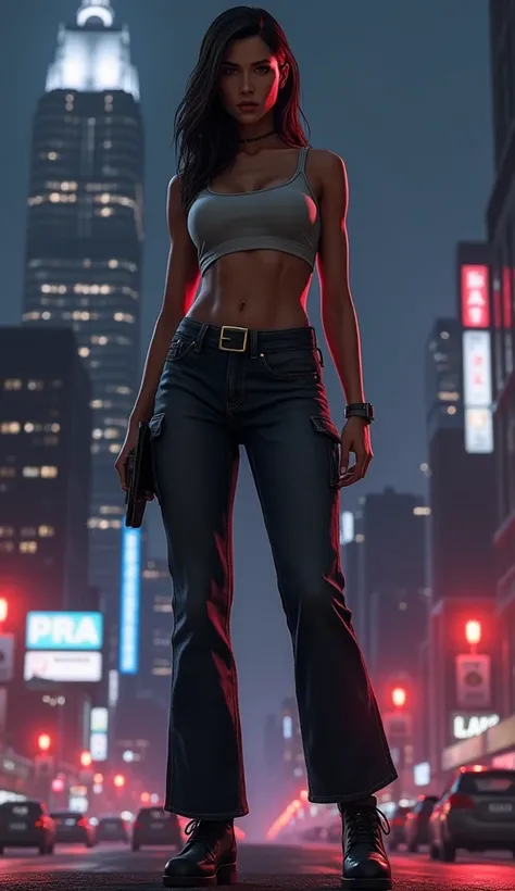 Female protagonist from GTA V, standing proud, dark city background, dynamic pose, 4k quality, very detailed, bokeh