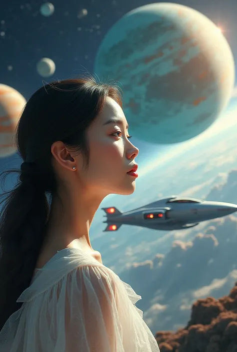 Three planets with Asian girl and spaceship 