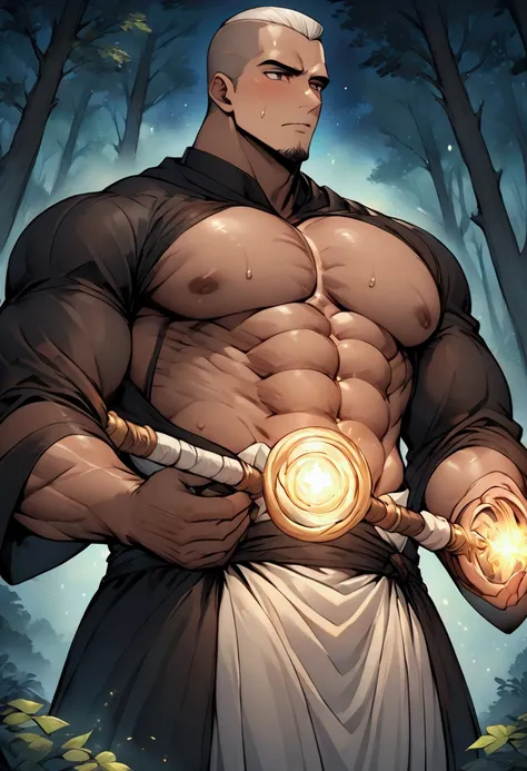 Highest quality、masterpiece、(muscular male:1.3)、(father:0.5)、Skinhead、Skin color、fantasy、Fantastic space、In the forest at night、priest、Wearing monk&#39;s clothes、bare chest、Has a magic staff、Using healing magic、sweat、steam