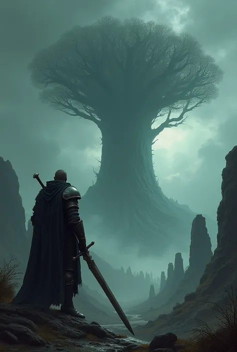 A detailed illustration inspired by the video game Elden Ring. The scene should depict a mystical landscape with ancient ruins and a towering, ominous tree in the distance. A knight clad in tarnished armor, wielding a greatsword, stands in the foreground, ...