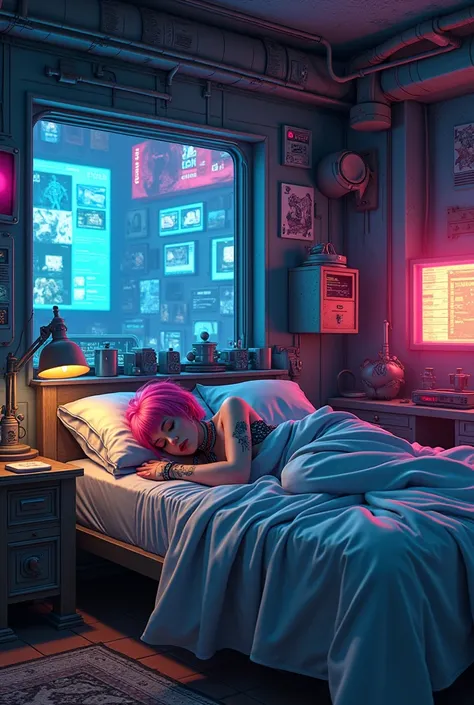 Cyberpunk 2077 bedroom, jinx from arcane tv series sleeping on the bed