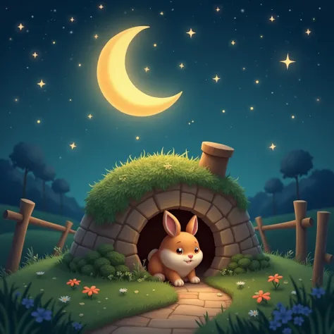 smiling moon and bright stars, little brown bunny smiled in his cozy burrow deep