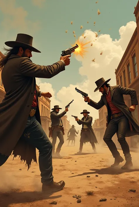 An image of the old west with several crazy outsiders, shooting everywhere. Put up the weapons and everything 