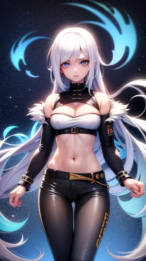 A girl in the style of the free fire game, wearing the free fire Angélical pants, white hair, blue eyes, neon illuminated powers, for profile and Nick name imagem nitida olhando pra frente,garota anime