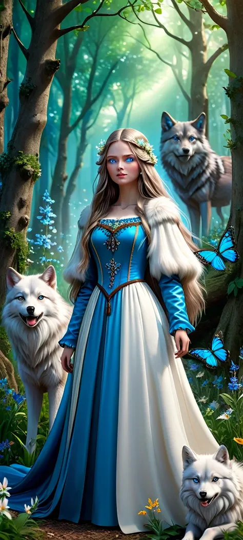 Long-haired, blue-eyed girl in a medieval dress, It is in a forest full of flowers, trees and butterflies. Next to her is a wolf with silky white fur.. 3D rendering. 3D rendering, 4K quality, UHD and HDR.