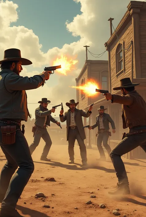 An image of the old west with several crazy outsiders, shooting everywhere. Put the guns and everything and they screaming 