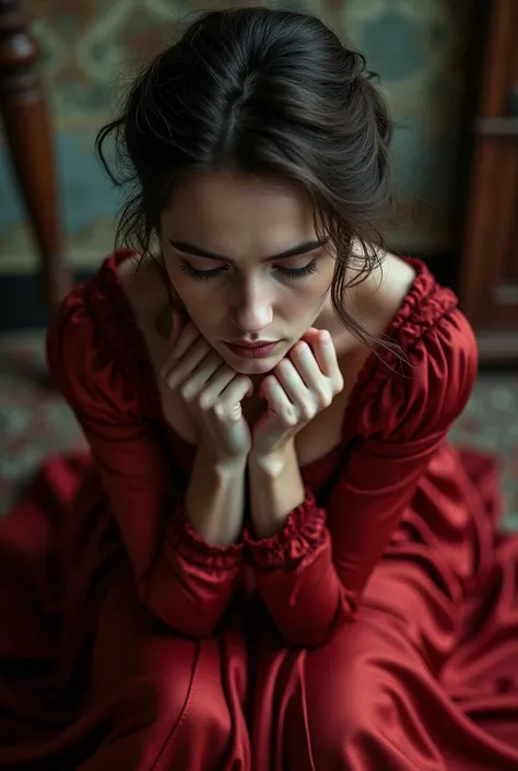 Victorian lady sitting, monotone, over her head view, Sitting with hugging her knees, zoom, wearing red victorian dress, front view, big chest, hugging her knees 