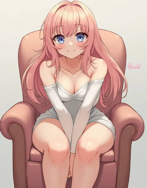 beautiful 1 girl, huge_tits, smiling_face, light pink blonde hair, big_is, curved_body, sitting on a chair crossing her legs.