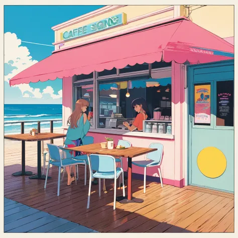 (masterpiece, best quality:1.1),90s record cover art,city-pop,title of the song is "Ending summer",fashionable,end of summer,cafe,wood deck,girls Profile,seaside, inspired by Hiroshi Nagai cmyk palette,illustration by Hisashi Eguchi,(white outline),