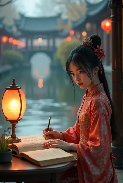 a photo：Shot with Canon EOS camera，A beautiful girl in traditional Chinese clothing in a quiet night，Hangzhou, China, with its small bridges and flowing water，Lakeside，Reading ancient Chinese books under the lamp on the low table。,((She holds a pen in her ...